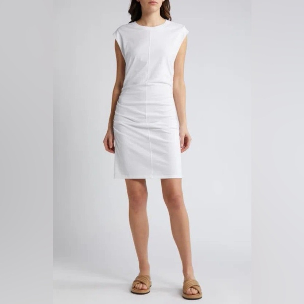 Treasure & Bond Ruched Organic Cotton Cap‎ Sleeve Dress In White